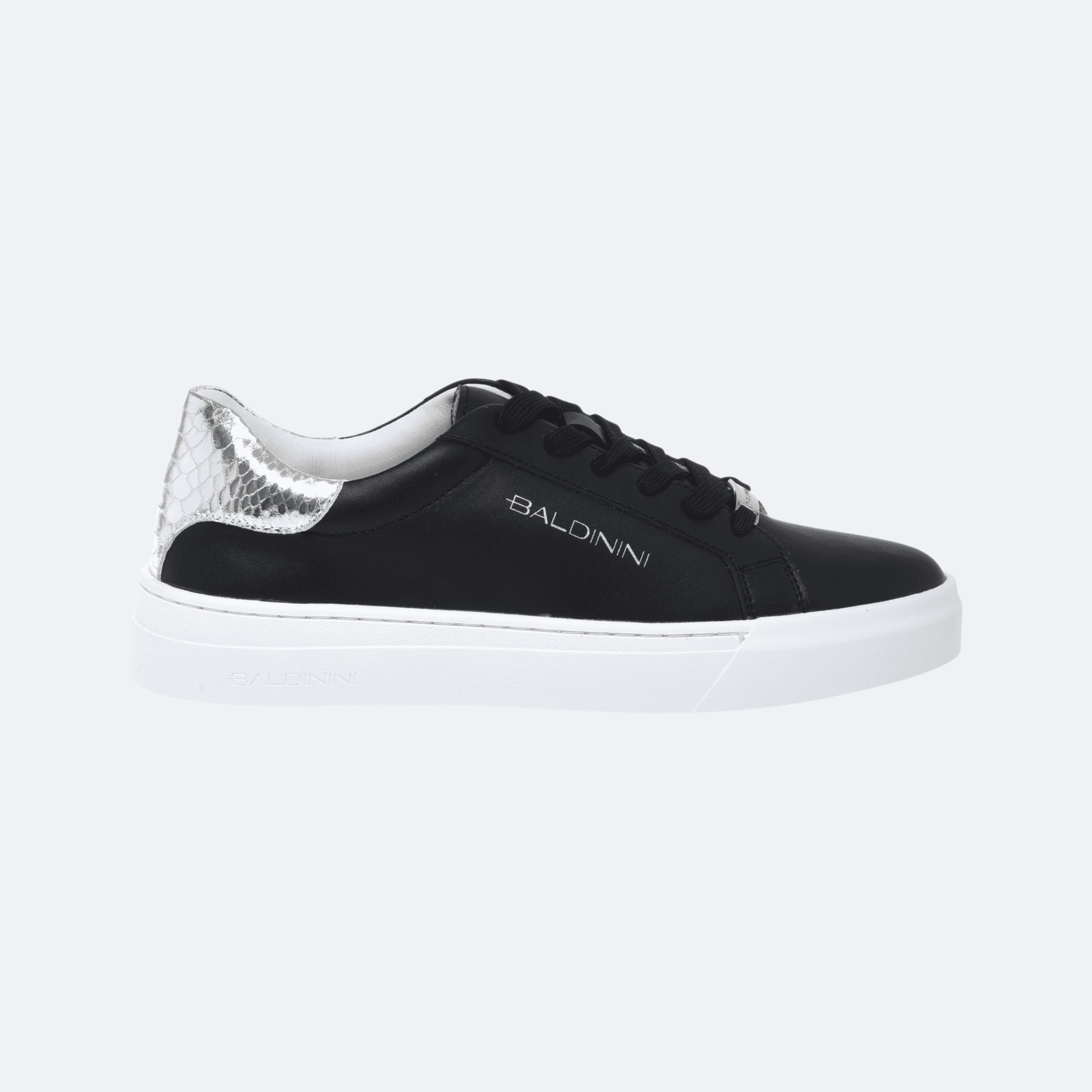Baldinini Sneaker In Leather And Laminated Python Print Leather For Women - Silver-black