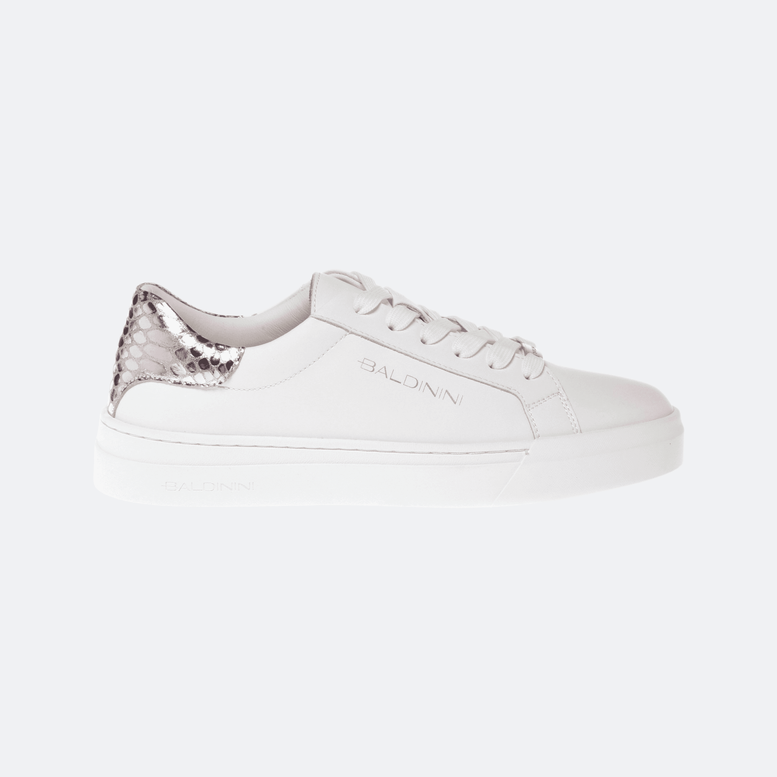 Baldinini Sneaker In Leather And Laminated Python Print Leather For Women - White And Pink