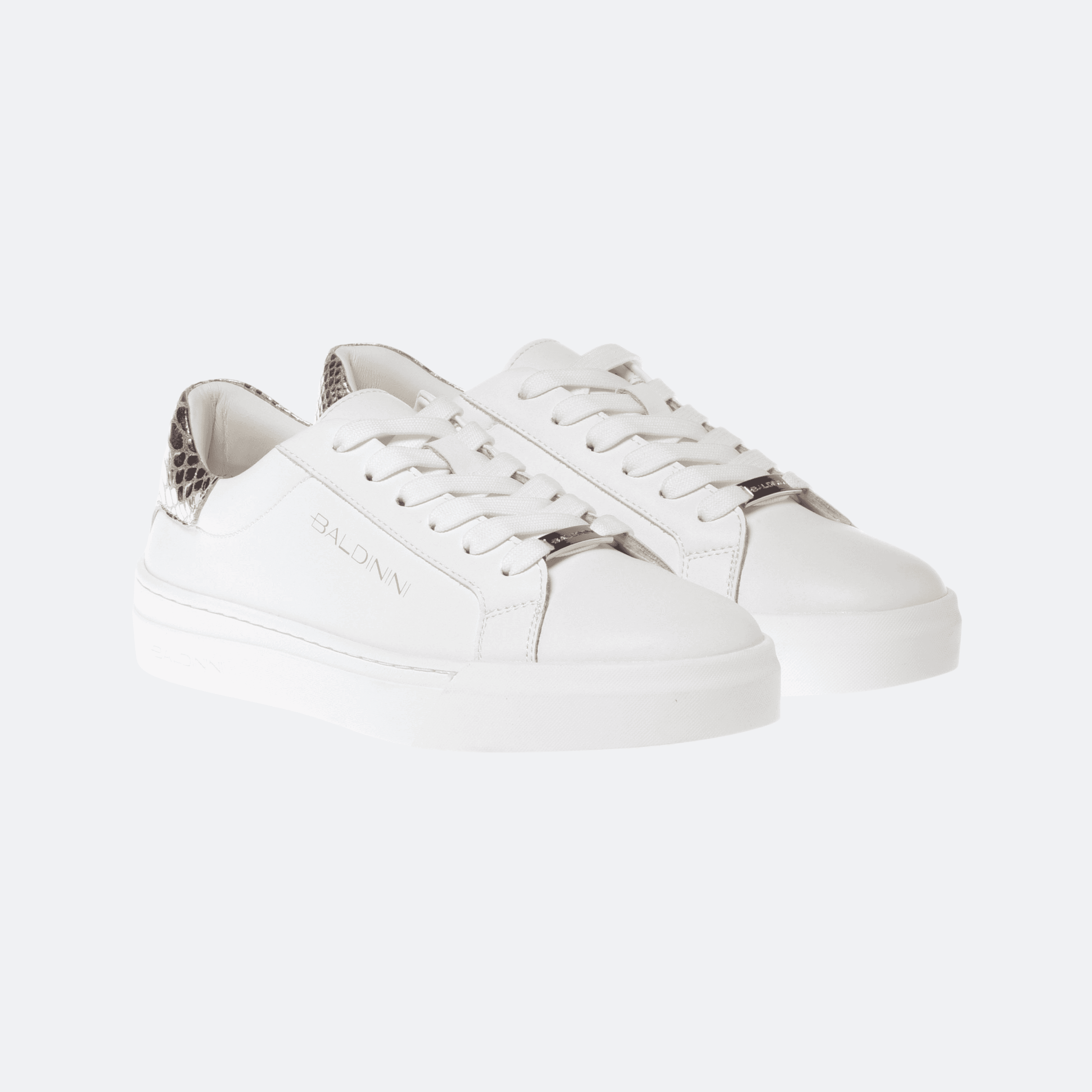 Baldinini Sneaker In Leather And Laminated Python Print Leather For Women - White And Pink alternate