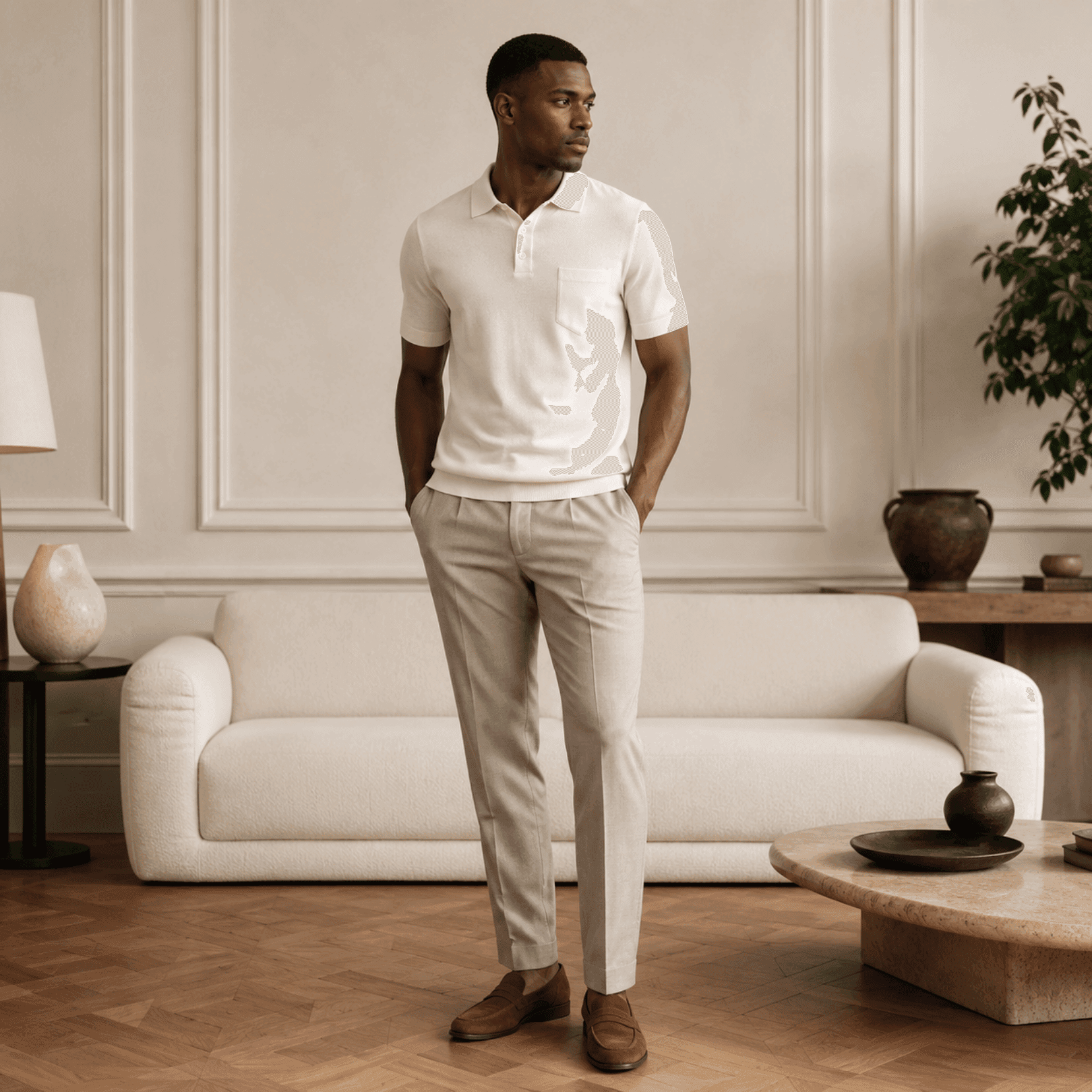 Boggi Milano Knitted Cotton Polo T-Shirt for Men - Off White (M,Lin Stock) alternate