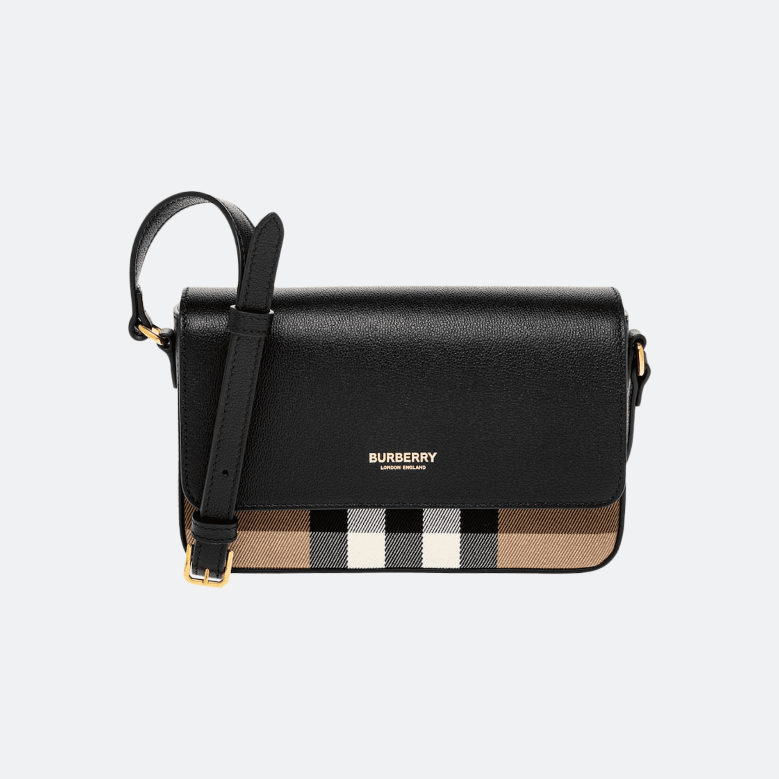 Burberry Hampshire Small House Check & Leather Crossbody Bag For Women - Black/Archive Beige