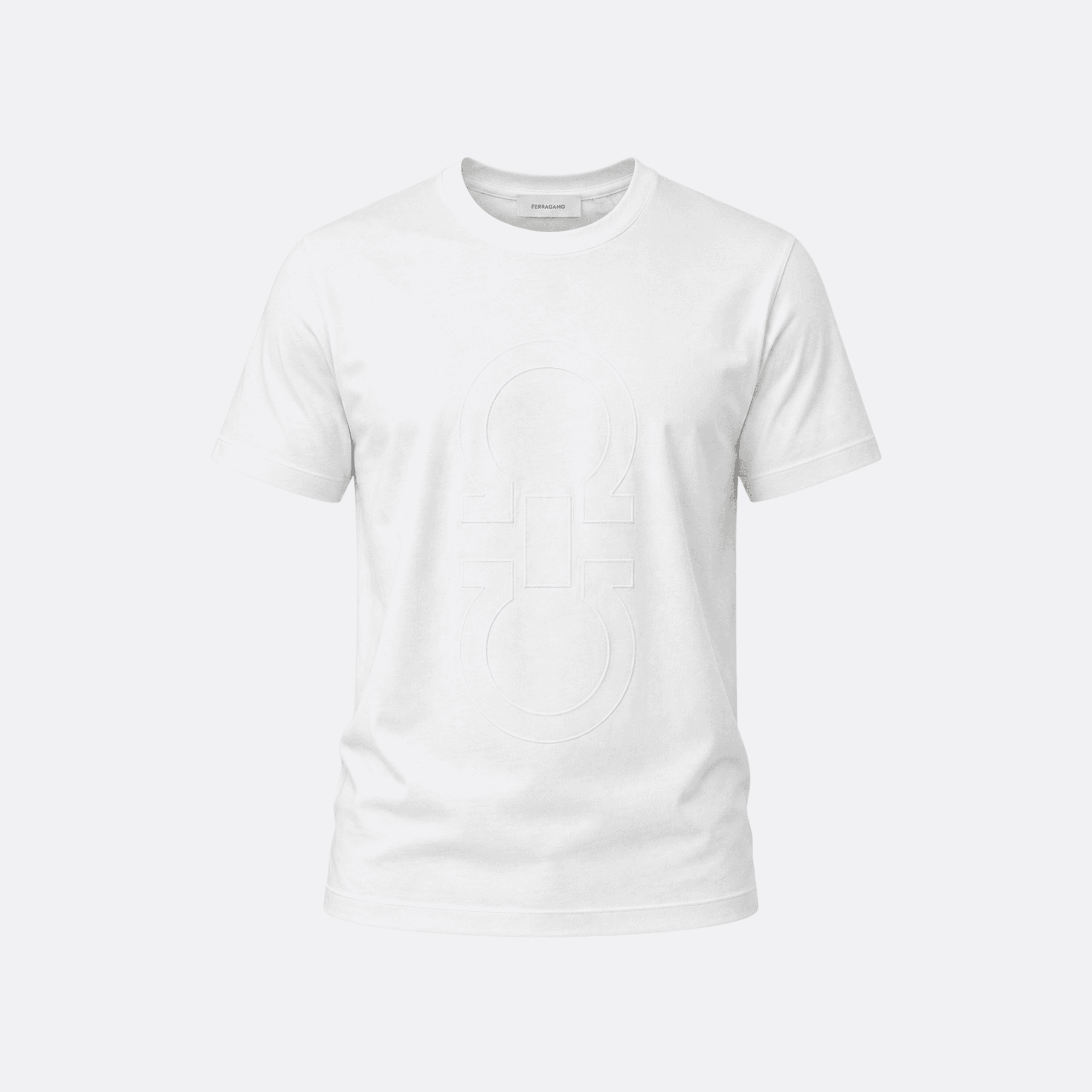 Ferragamo Men’s Cotton T-Shirt with Tonal Embroidered Gancini Logo - White