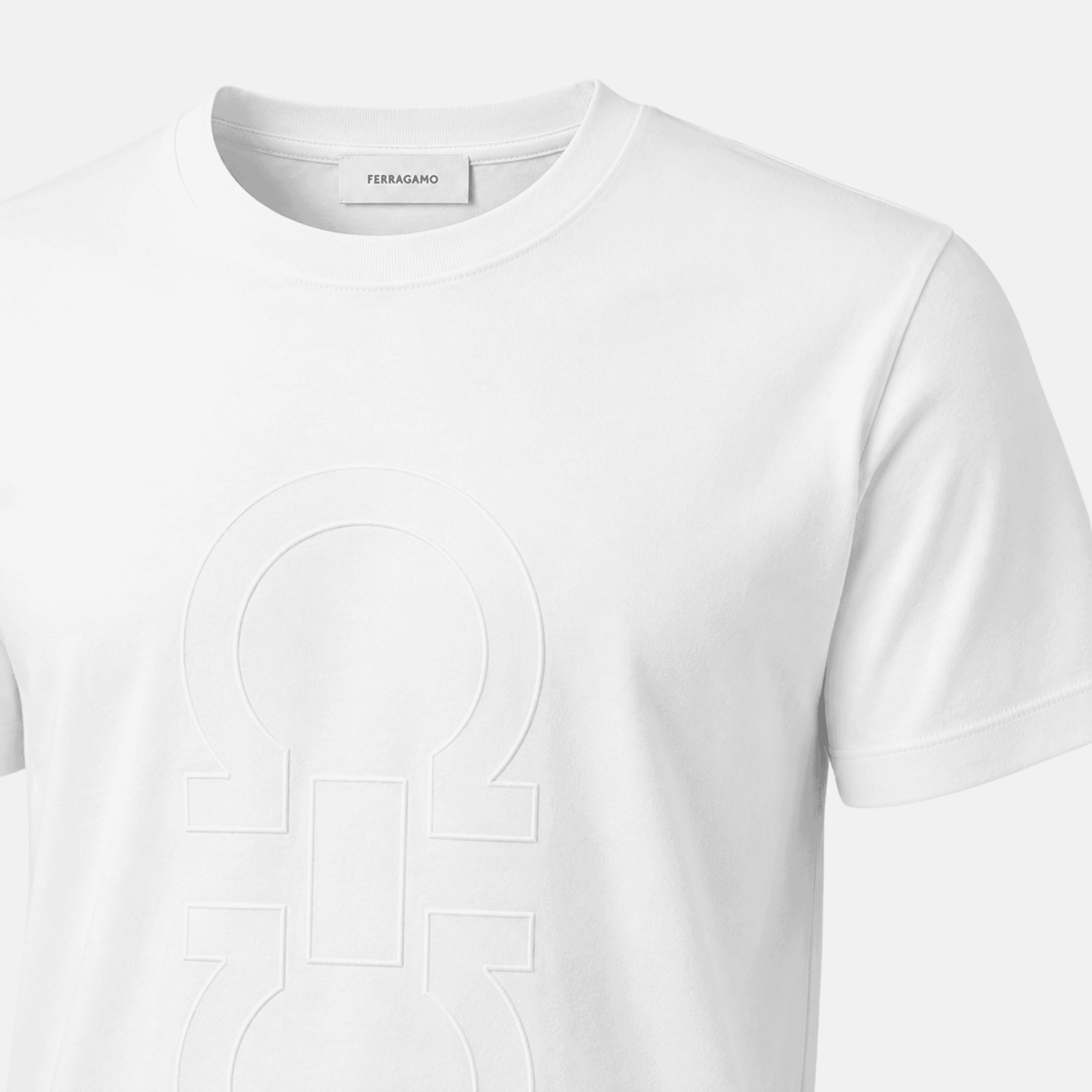 Ferragamo Men’s Cotton T-Shirt with Tonal Embroidered Gancini Logo - White alternate