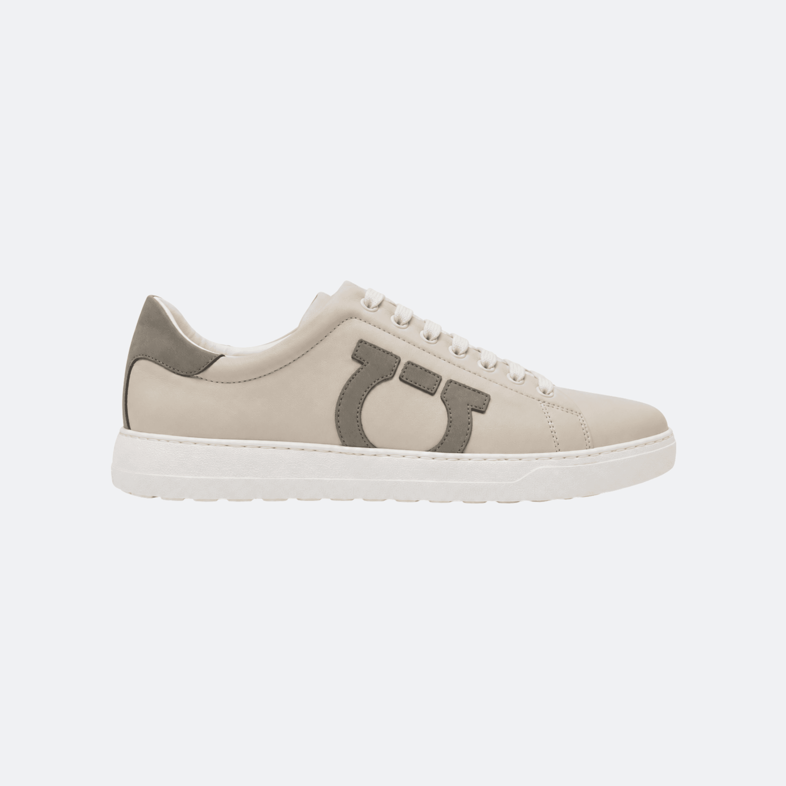 Ferragamo Men’s Leather Sneakers with Tonal Gancini Detail - Beige/Grey