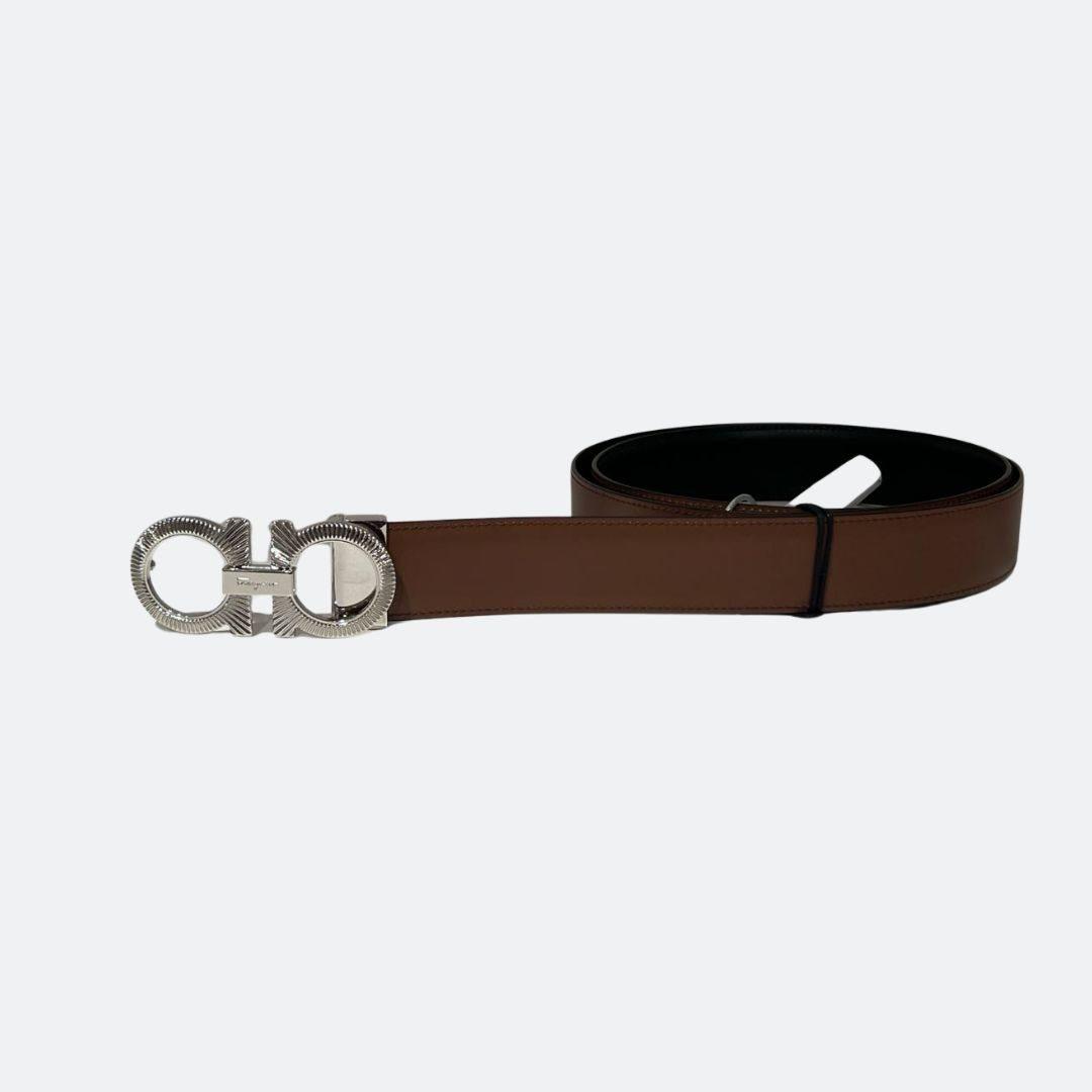 Ferragamo Reversible Black/Brown Belt With Silver Belt Buckle