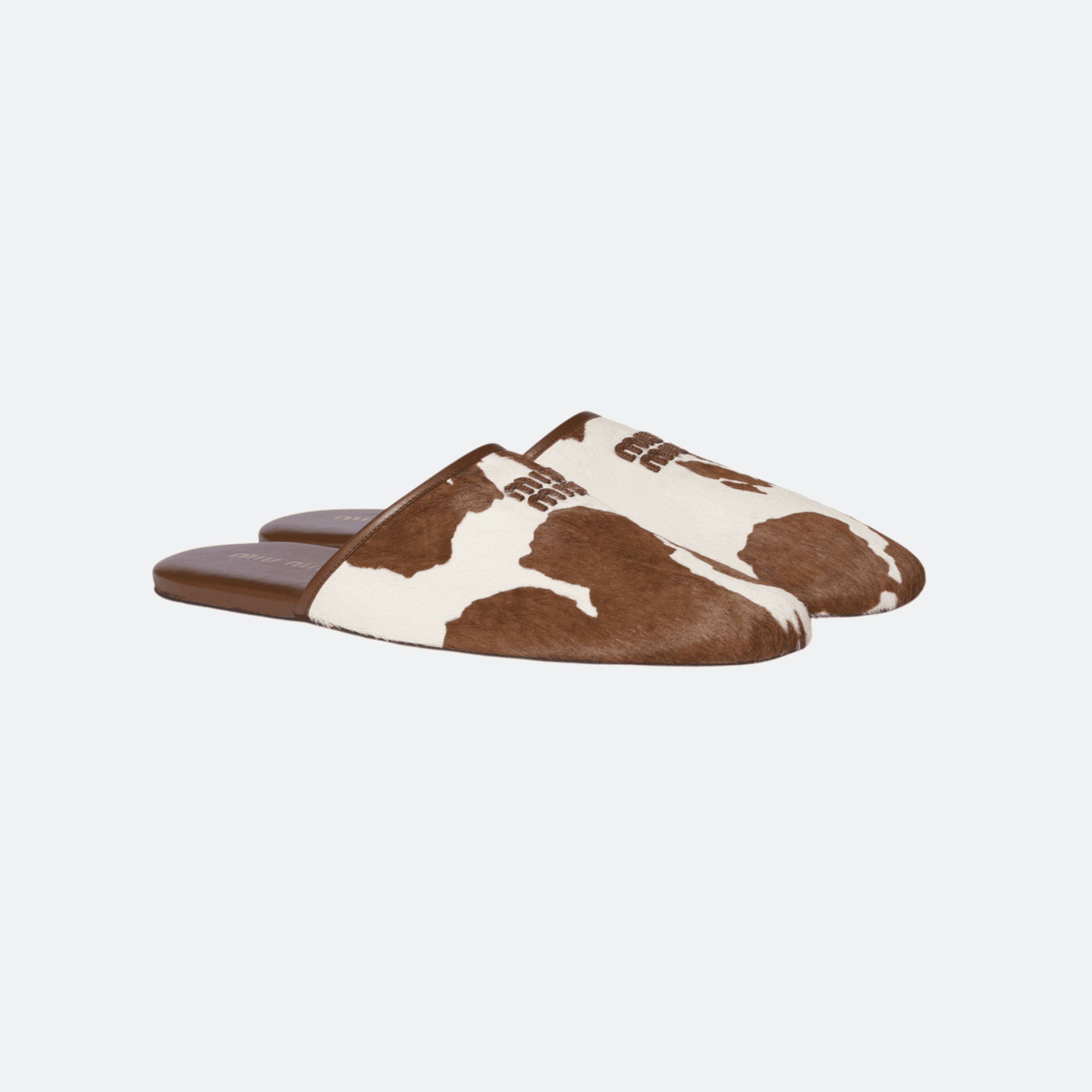 Miu Miu Lettering Logo Calf Hair Mules With Animal Print And Flat Rubber Sole - Brown/White alternate