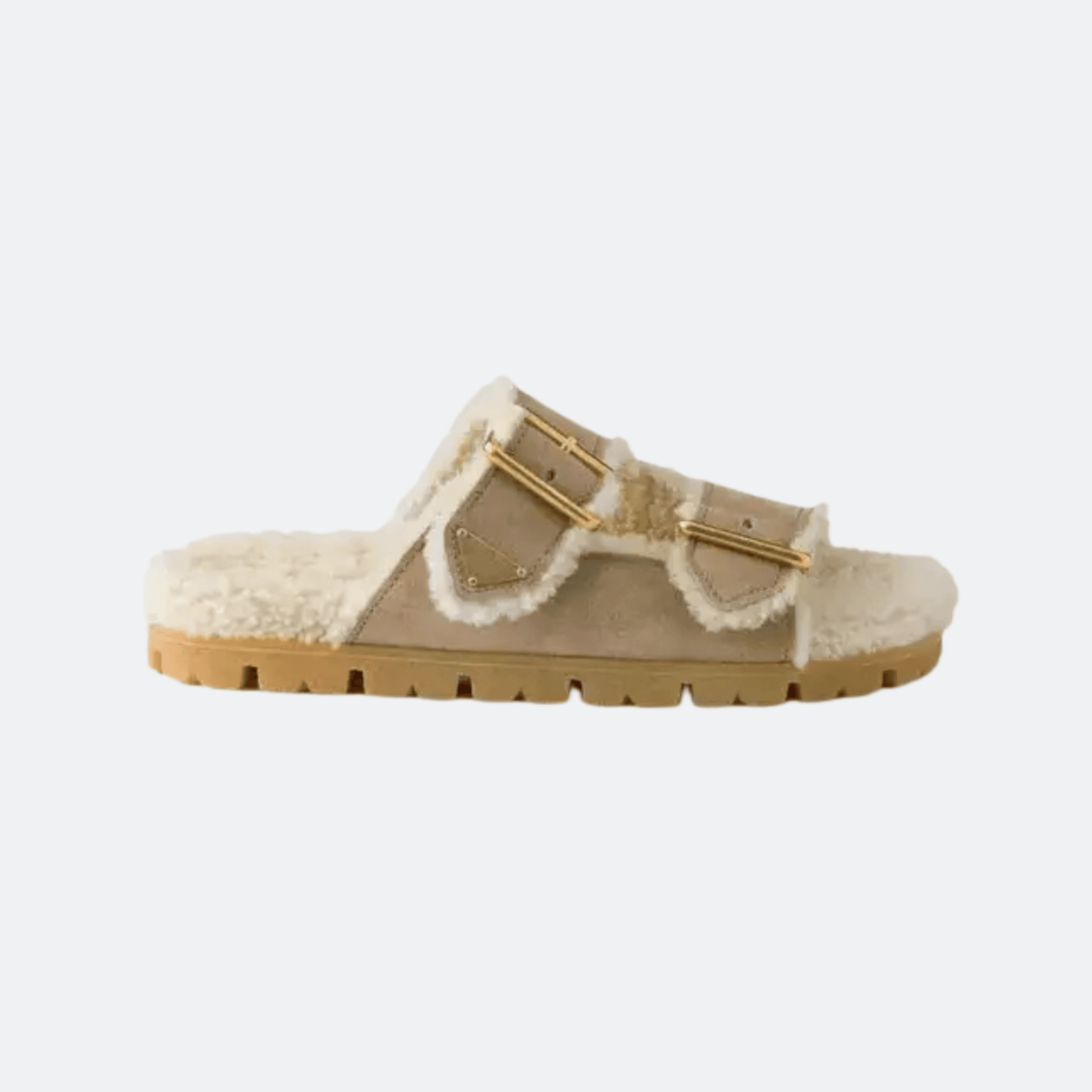 Prada Suede Shearling Mules With Double Buckles, Triangle Logo And Lug Sole - Desert Beige