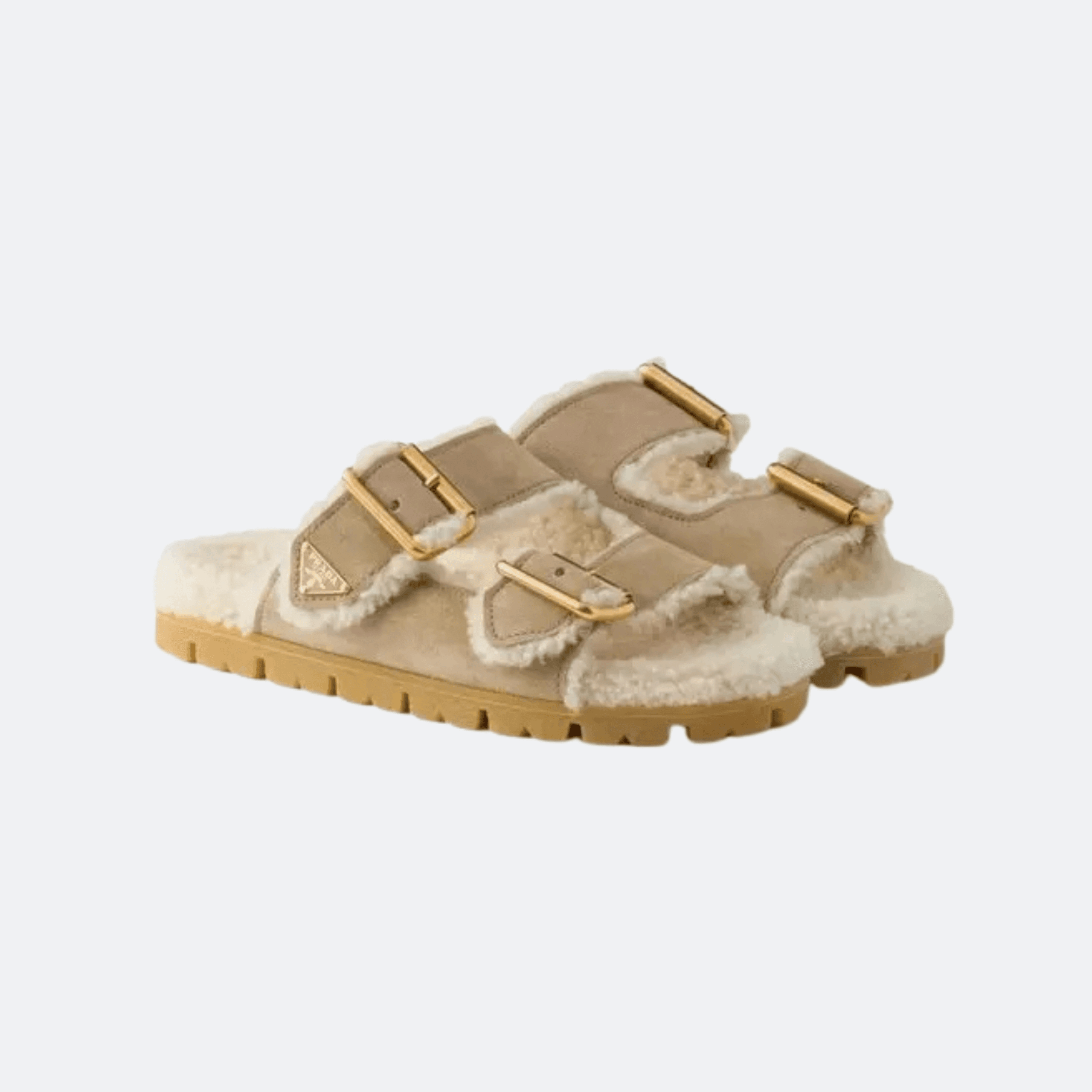 Prada Suede Shearling Mules With Double Buckles, Triangle Logo And Lug Sole - Desert Beige alternate