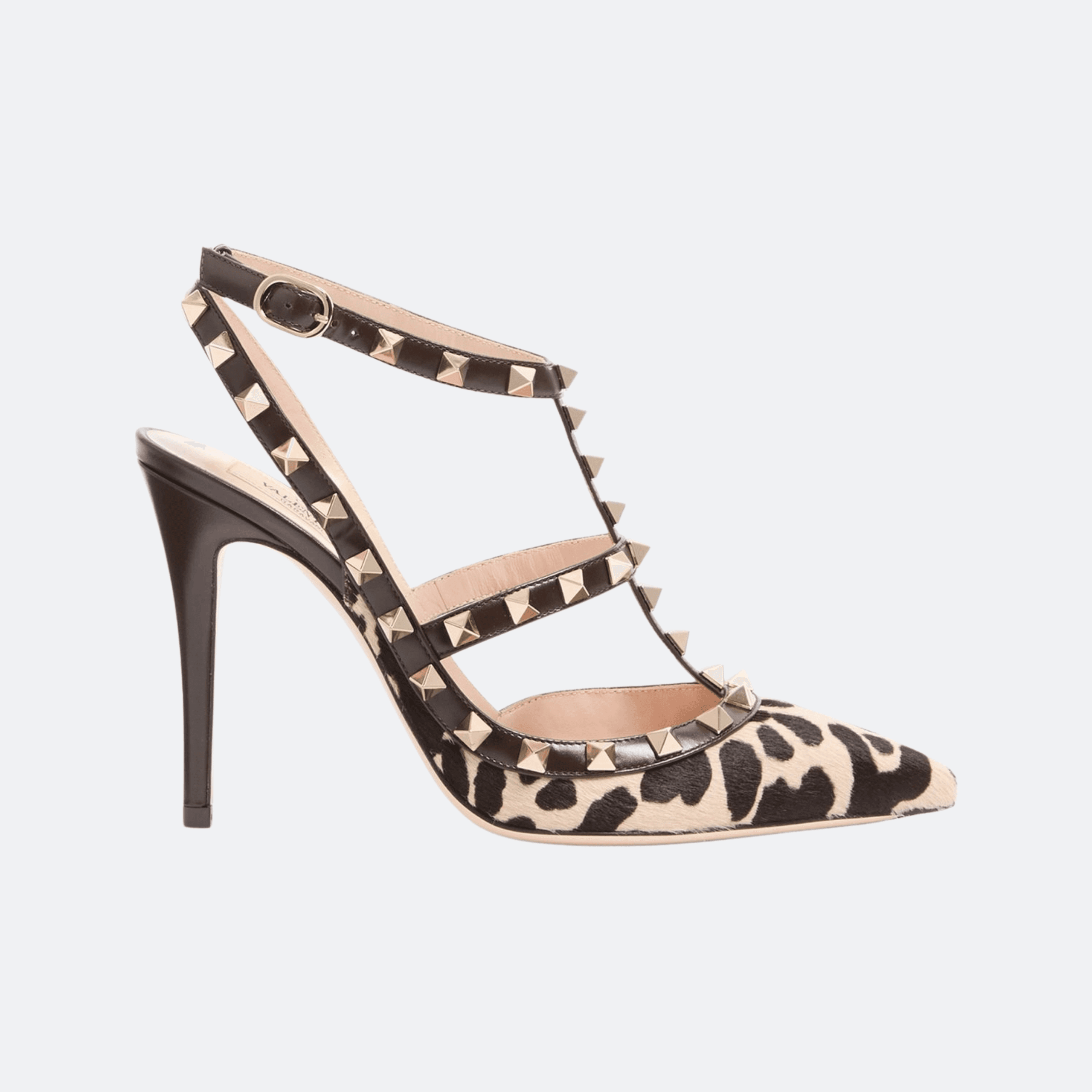Valentino Garavani Rockstud Pumps With Straps In Pony-Effect Calfskin 100MM for Women - Neutral/Black