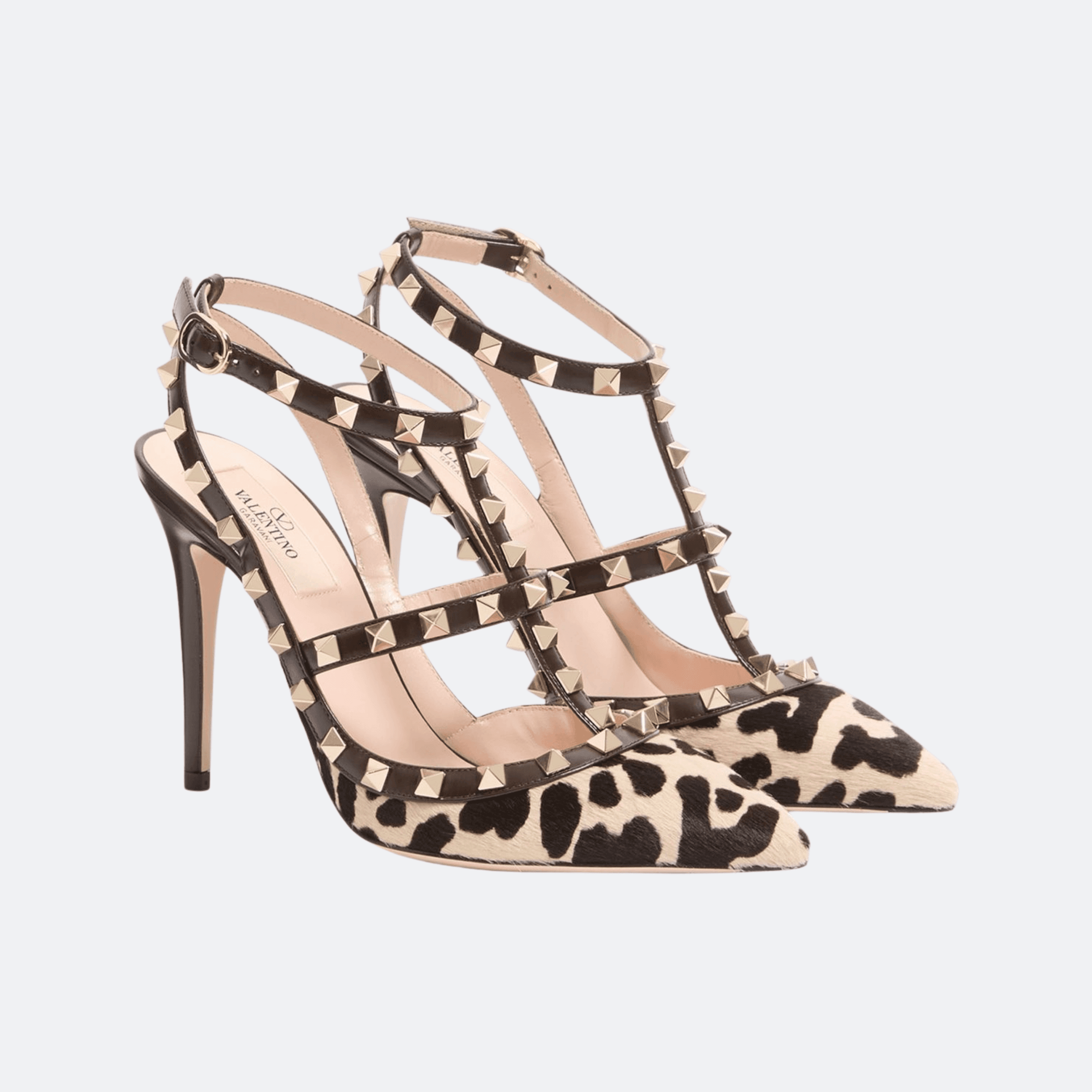 Valentino Garavani Rockstud Pumps With Straps In Pony-Effect Calfskin 100MM for Women - Neutral/Black alternate