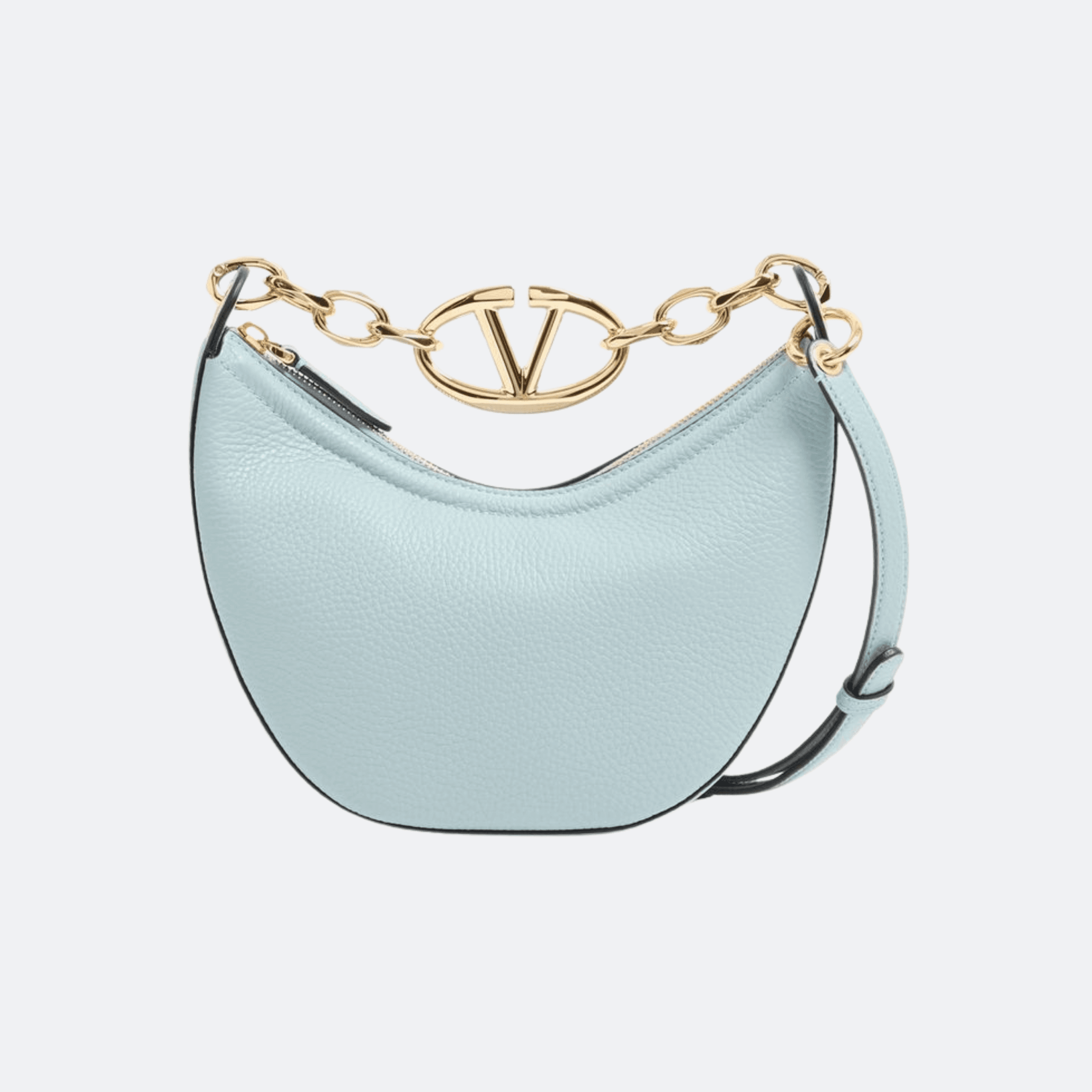 Valentino Mini Hobo Vlogo Moon Bag In Grainy Calfskin With Chain For Women - Light Blue