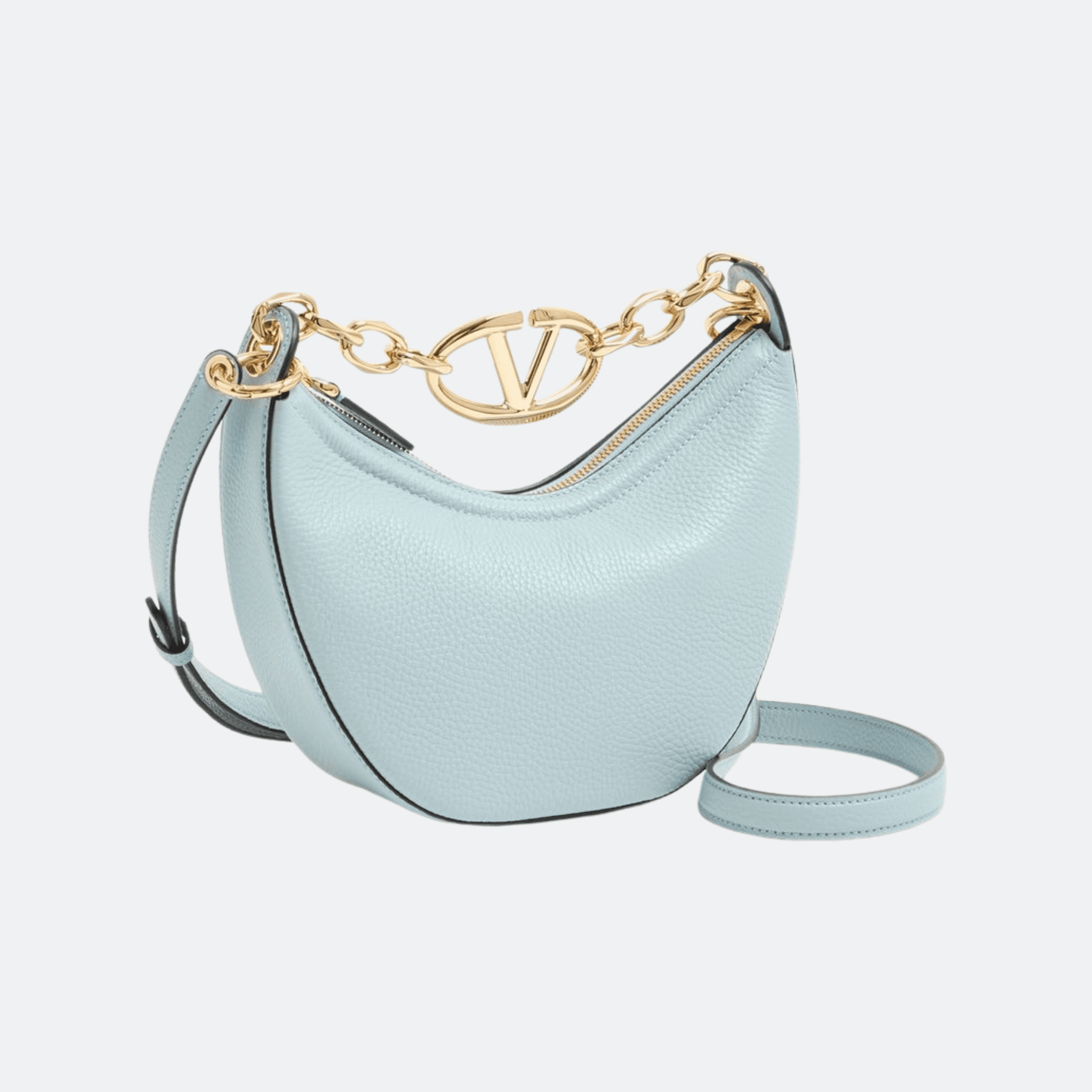 Valentino Mini Hobo Vlogo Moon Bag In Grainy Calfskin With Chain For Women - Light Blue alternate